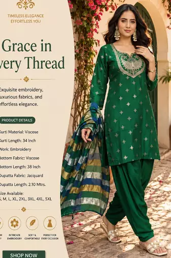 Women's green viscose embroidered straight kurta set with patiala pant and dupatta