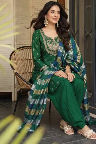 Women's green viscose embroidered straight kurta set with patiala pant and dupatta