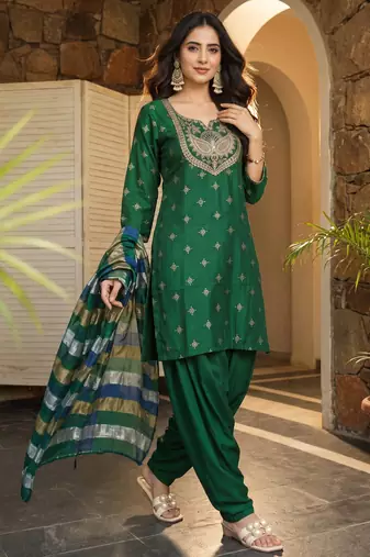 Women's green viscose embroidered straight kurta set with patiala pant and dupatta
