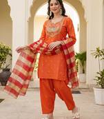 Women's orange viscose embroidered straight kurta set with patiala pant and dupatta