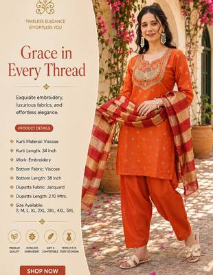 Women's orange viscose embroidered straight kurta set with patiala pant and dupatta 2