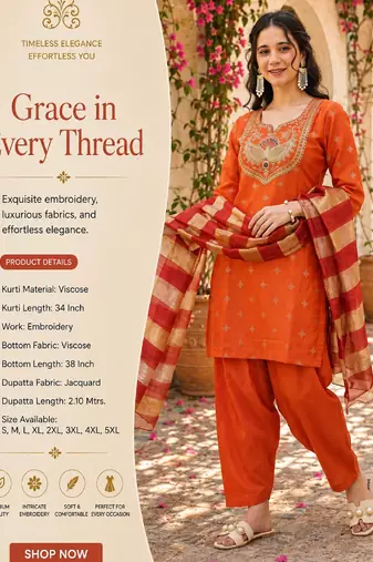 Women's orange viscose embroidered straight kurta set with patiala pant and dupatta