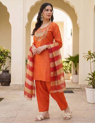 Women's orange viscose embroidered straight kurta set with patiala pant and dupatta 3