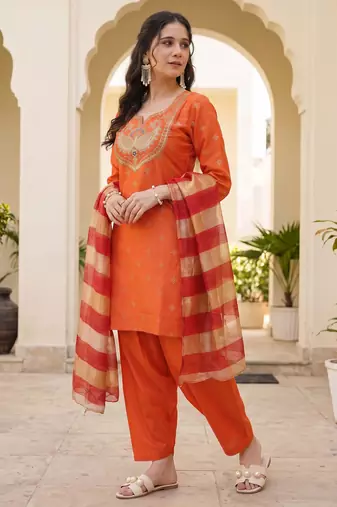 Women's orange viscose embroidered straight kurta set with patiala pant and dupatta