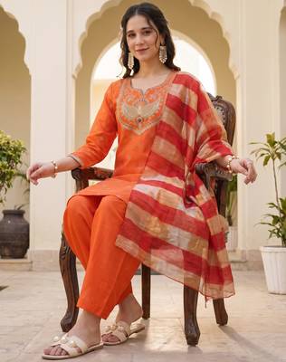 Women's orange viscose embroidered straight kurta set with patiala pant and dupatta 4