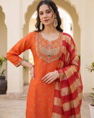 Women's orange viscose embroidered straight kurta set with patiala pant and dupatta 5
