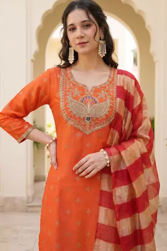 Women's orange viscose embroidered straight kurta set with patiala pant and dupatta