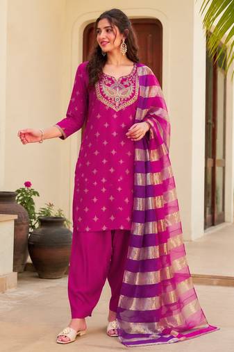 Women's pink viscose embroidered straight kurta set with patiala pant and dupatta