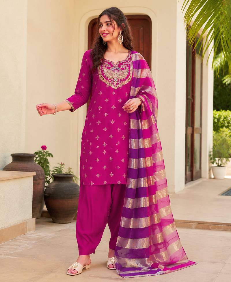 Women's pink viscose embroidered straight kurta set with patiala pant and dupatta
