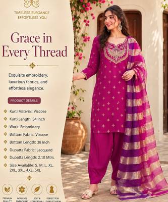 Women's pink viscose embroidered straight kurta set with patiala pant and dupatta 2
