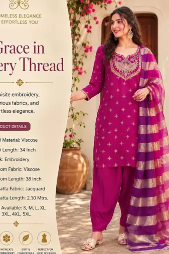 Women's pink viscose embroidered straight kurta set with patiala pant and dupatta