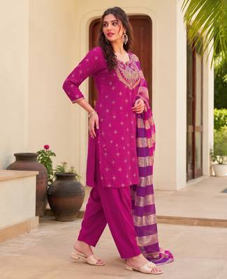 Women's pink viscose embroidered straight kurta set with patiala pant and dupatta 3