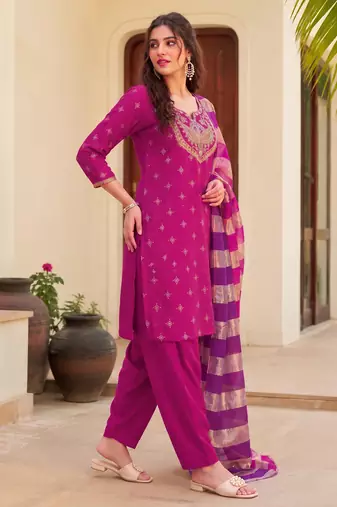 Women's pink viscose embroidered straight kurta set with patiala pant and dupatta