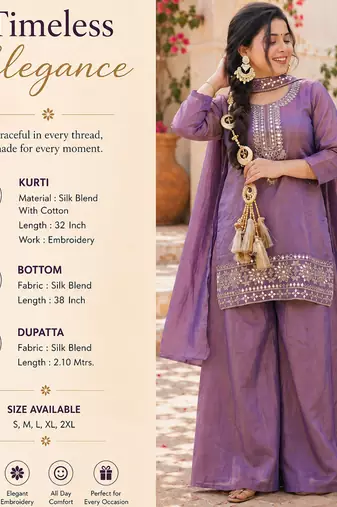 Women's purple silk blend embroidered straight kurta set with palazzo and dupatta