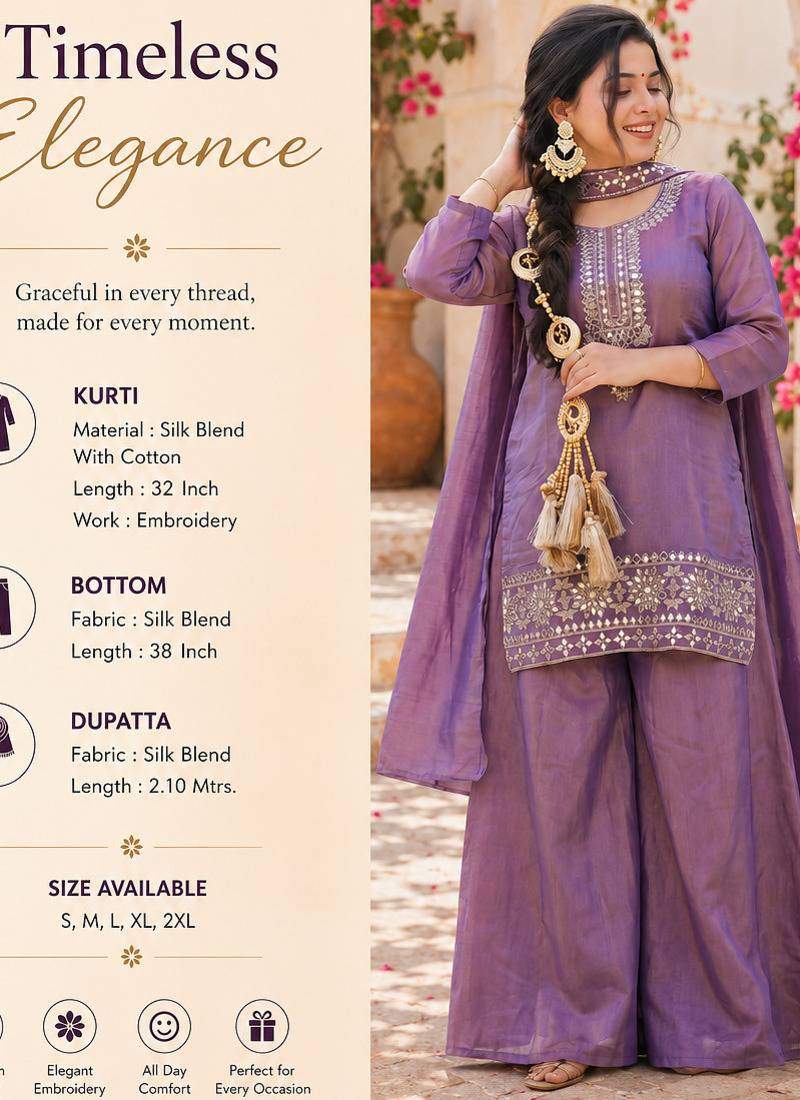 Women's purple silk blend embroidered straight kurta set with palazzo and dupatta