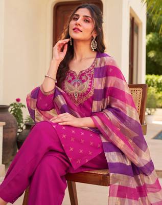 Women's pink viscose embroidered straight kurta set with patiala pant and dupatta 4