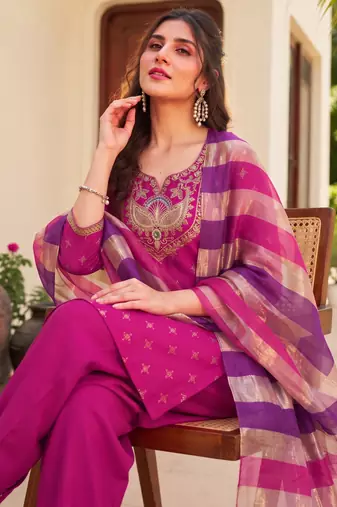 Women's pink viscose embroidered straight kurta set with patiala pant and dupatta
