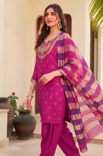 Women's pink viscose embroidered straight kurta set with patiala pant and dupatta