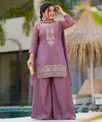 Women's purple silk blend embroidered straight kurta set with palazzo and dupatta 3