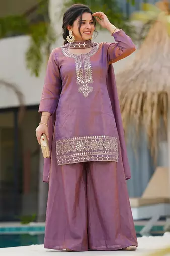 Women's purple silk blend embroidered straight kurta set with palazzo and dupatta