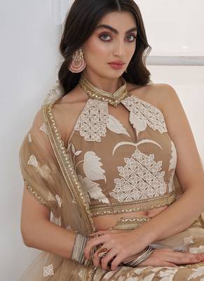 Beige Festive Wear Net Sequin Thread Embroidery Lehenga Choli Set 2