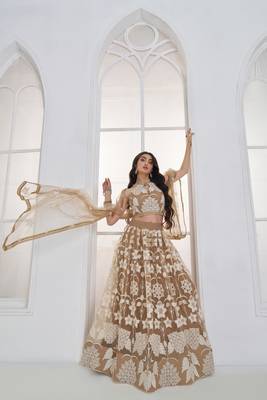 Beige Festive Wear Net Sequin Thread Embroidery Lehenga Choli Set 1