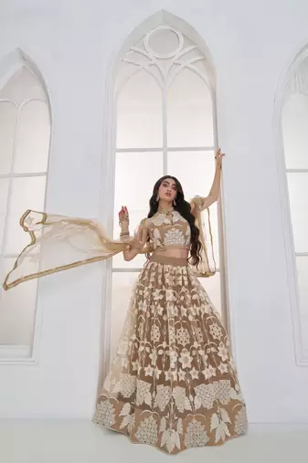 Beige Festive Wear Net Sequin Thread Embroidery Lehenga Choli Set