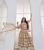 Beige Festive Wear Net Sequin Thread Embroidery Lehenga Choli Set