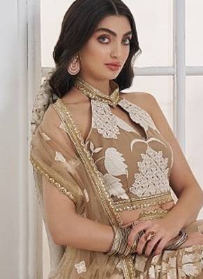 Beige Festive Wear Net Sequin Thread Embroidery Lehenga Choli Set 3
