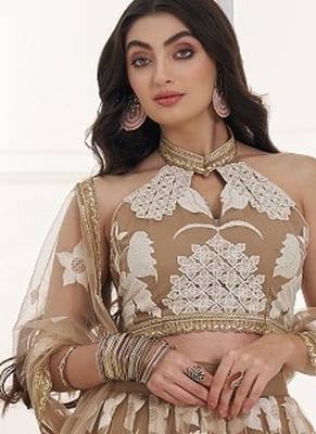 Beige Festive Wear Net Sequin Thread Embroidery Lehenga Choli Set 4