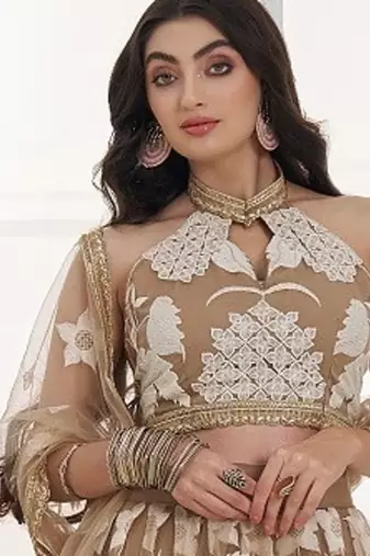 Beige Festive Wear Net Sequin Thread Embroidery Lehenga Choli Set