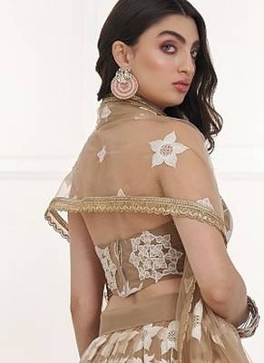 Beige Festive Wear Net Sequin Thread Embroidery Lehenga Choli Set 5