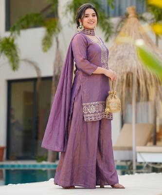 Women's purple silk blend embroidered straight kurta set with palazzo and dupatta 4