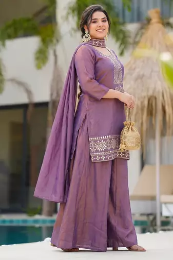 Women's purple silk blend embroidered straight kurta set with palazzo and dupatta
