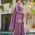 Women's purple silk blend embroidered straight kurta set with palazzo and dupatta