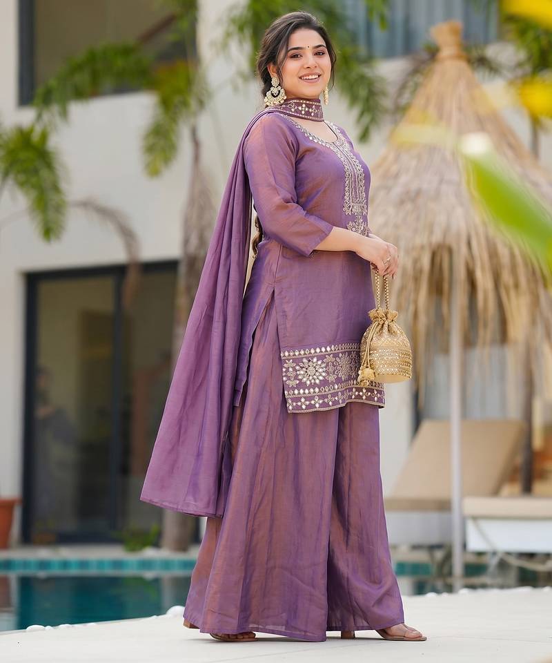 Women's purple silk blend embroidered straight kurta set with palazzo and dupatta