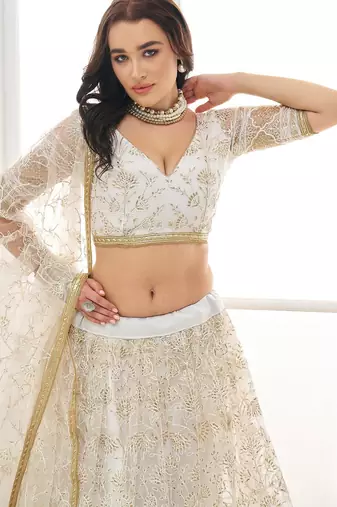 White Sequins Net Lehenga Choli With Dupatta