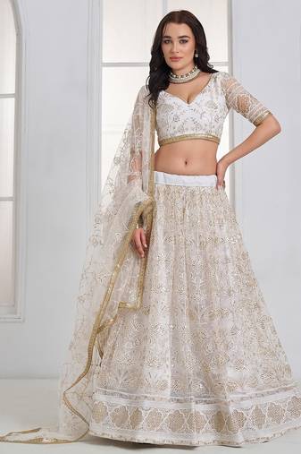 White Sequins Net Lehenga Choli With Dupatta