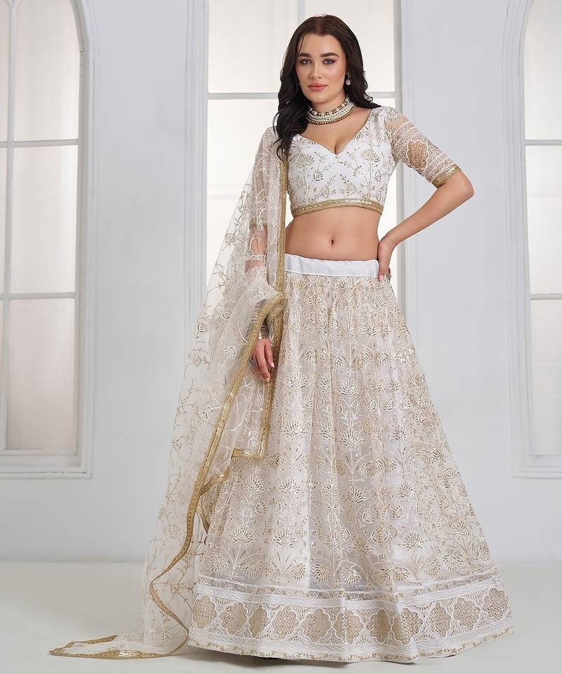 White Sequins Net Lehenga Choli With Dupatta