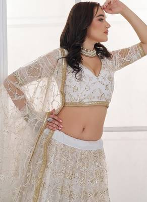 White Sequins Net Lehenga Choli With Dupatta 3