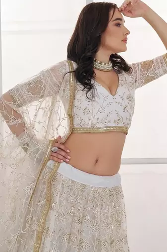 White Sequins Net Lehenga Choli With Dupatta