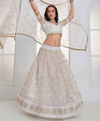 White Sequins Net Lehenga Choli With Dupatta 4