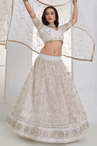 White Sequins Net Lehenga Choli With Dupatta
