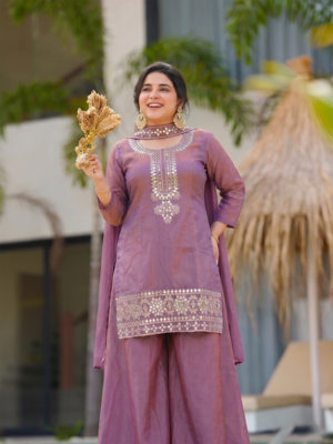 Women's purple silk blend embroidered straight kurta set with palazzo and dupatta 5