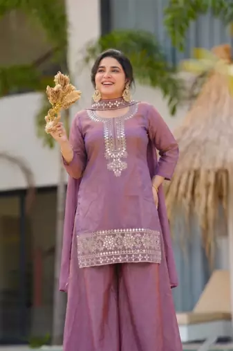 Women's purple silk blend embroidered straight kurta set with palazzo and dupatta