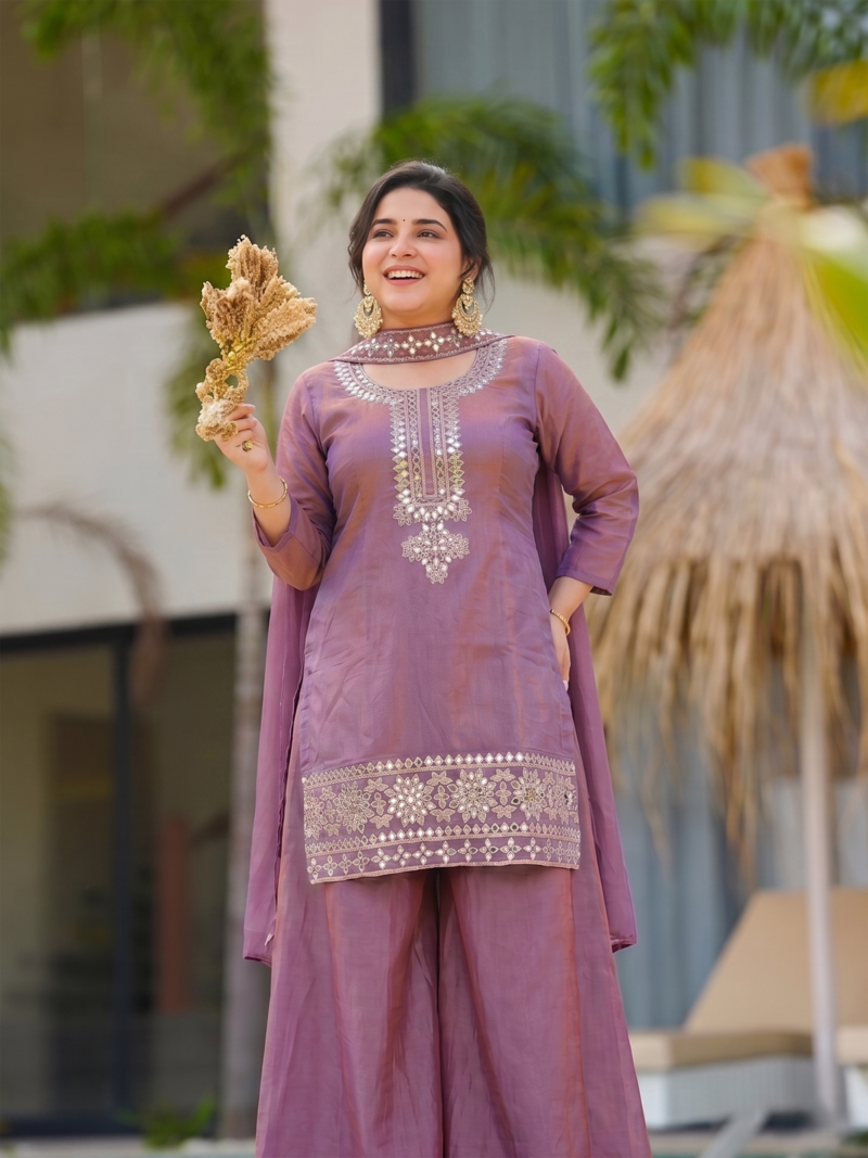 Women's purple silk blend embroidered straight kurta set with palazzo and dupatta