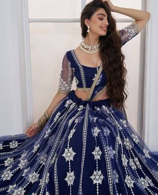 Charming Navy Blue Thread Embroidery Net Wedding Wear Lehenga Choli 2