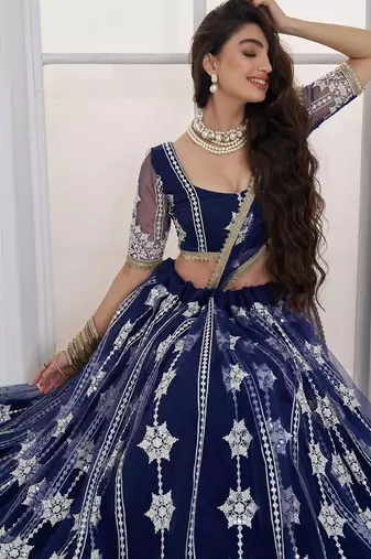 Charming Navy Blue Thread Embroidery Net Wedding Wear Lehenga Choli