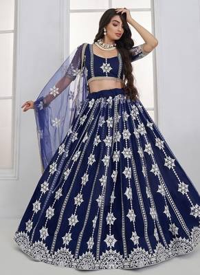 Charming Navy Blue Thread Embroidery Net Wedding Wear Lehenga Choli 1