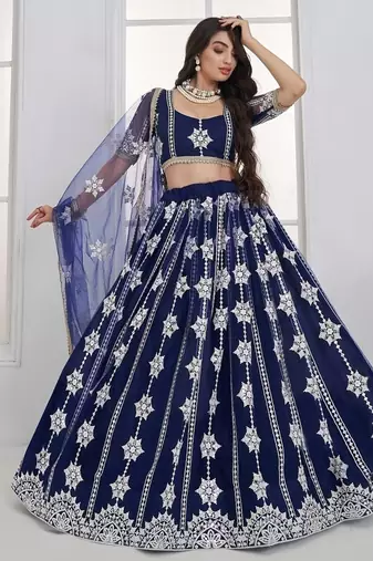Charming Navy Blue Thread Embroidery Net Wedding Wear Lehenga Choli